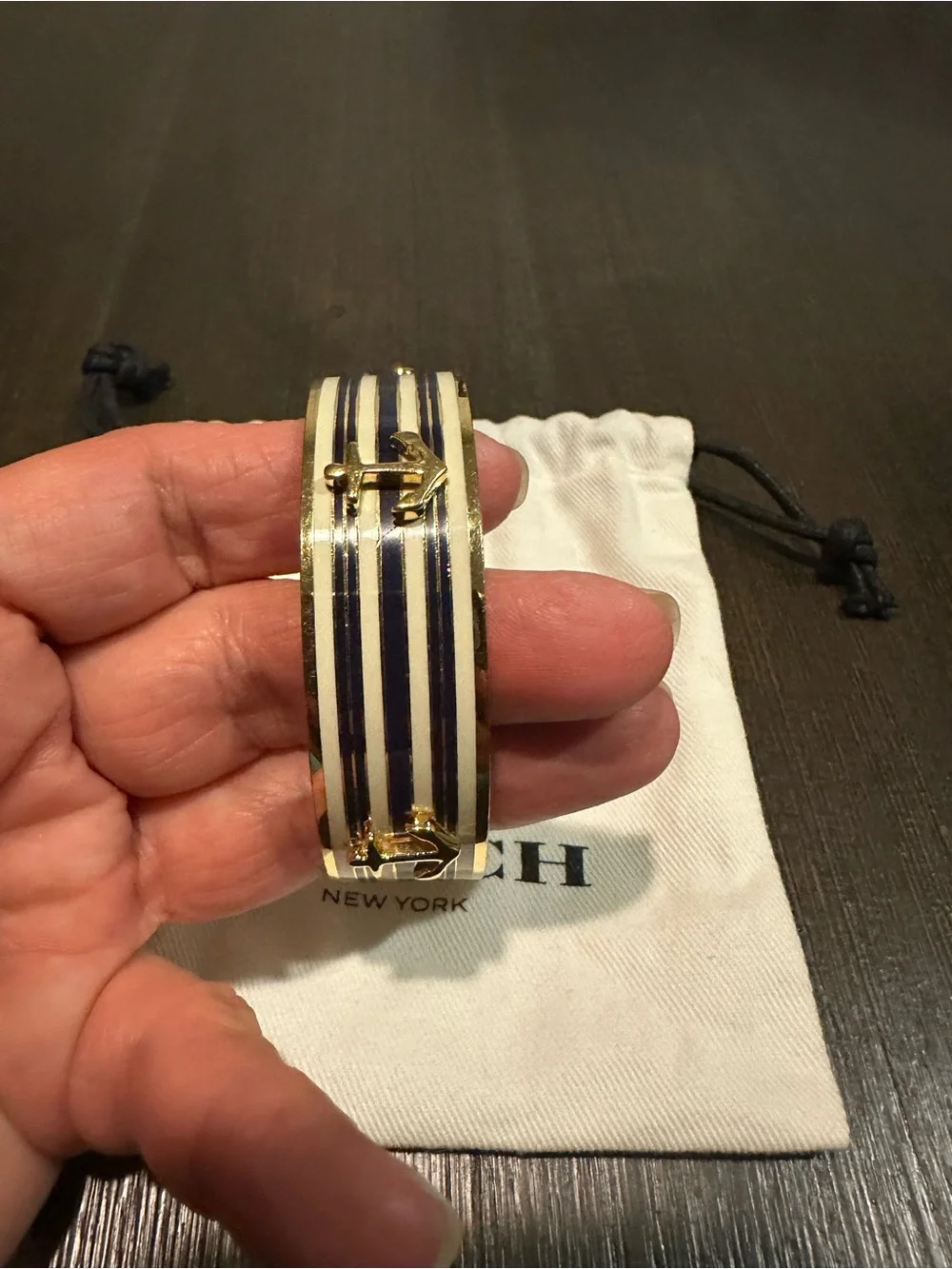 Coach Gold and Navy Anchor Stripe Bangle Bracelet